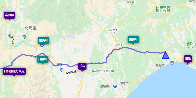 道東自動車道のルートと勝狩峠、日勝峠、釧勝峠の位置を示した地図
