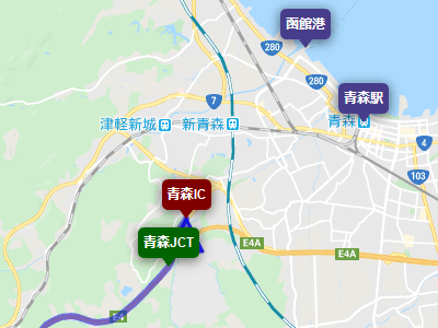 東北自動車道の青森インターチェンジから函館港と青森駅までの地図