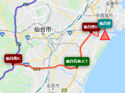 東北自動車道の仙台南ICから仙台南部道路に入り、仙台若林JCTで仙台東部道路へ乗り継ぎ、仙台市街地を避けて仙台フェリーターミナルまで走るルートマップ