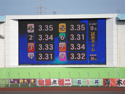 SG日本選手権オートレース３日目第９レース最終予選の試走タイムの電工掲示