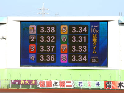 SG日本選手権オートレース３日目第10レース最終予選の試走タイムの電光掲示板の表示