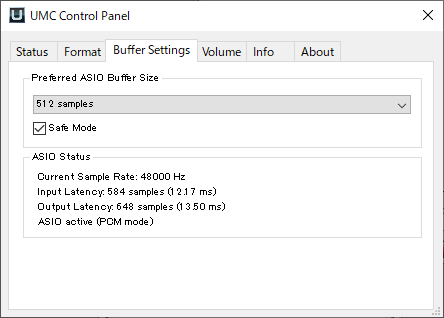 USBオーディオインターフェース UMCコントロールパネルのASIOバッファ設定画面