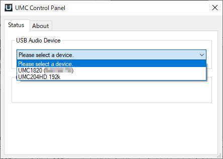 USBオーディオインターフェースUMC1820のUMCコントロールパネル（USBオーディオデバイスの選択画面）