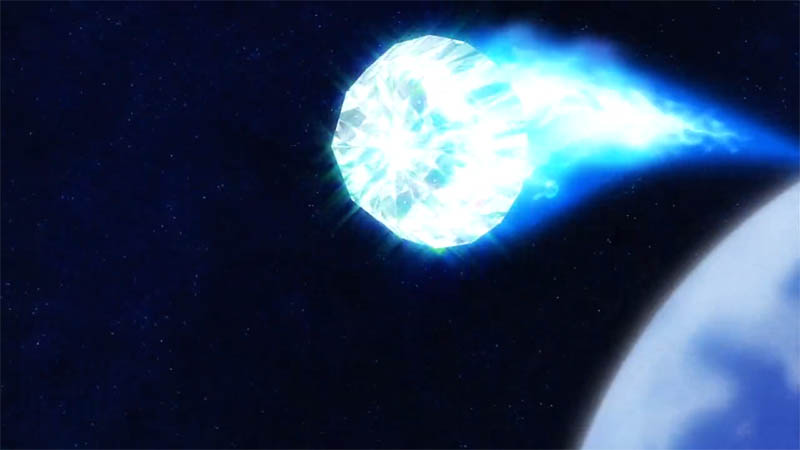 魔法つかいプリキュアより、必殺技「プリキュア・ダイヤモンド・エターナル！」で地球の大気圏外に吹き飛ぶ敵のヨクバール