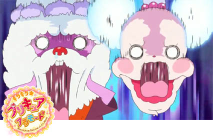 キラキラ☆プリキュア・アラモードより、驚いて変顔をしている妖精ペコリンと長老ジャバ