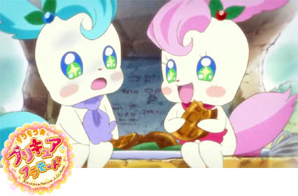 キラキラ☆プリキュア・アラモード第22話「やめてジュリオ！憎しみのキラキラル！」より、ワッフルを食べる妖精キラリンとピカリオ
