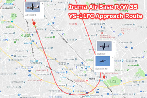 Annäherungsroute der Landebahn 35 der Iruma Air Base in Japan