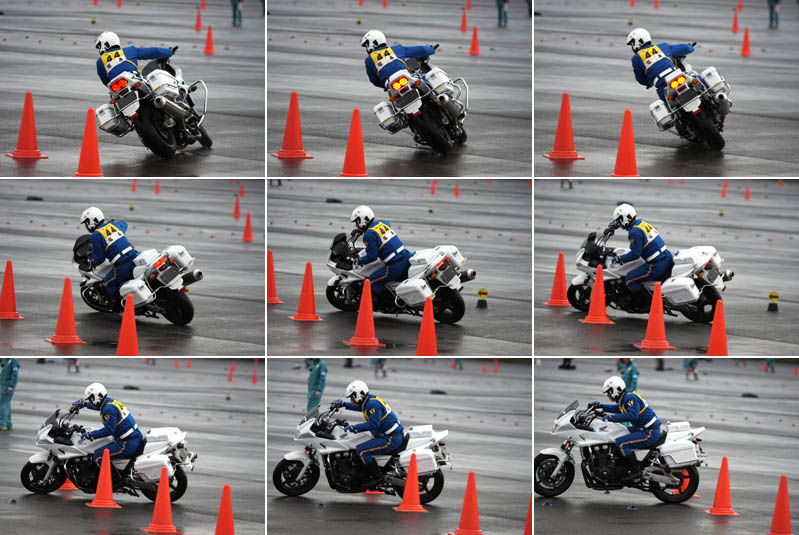 白バイ（バイク）のコーナリング（180度Ｕターン）の連写（連続撮影）による９分割写真