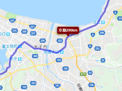 国道９号線で京都まで296kmの距離標識がある場所の地図