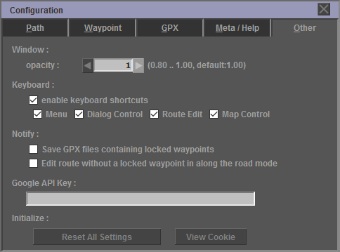 GPXEV Configuration dialog, other settings