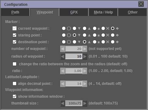 Boîte de dialogue de configuration GPXEV, paramètres de points de cheminement
