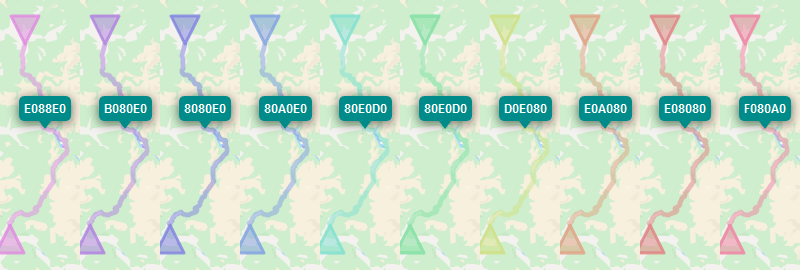 Ein Beispiel für eine Route, die in Google Maps mit der im Dialogfeld Custom Color Palette erstellten Farbe angezeigt wird
