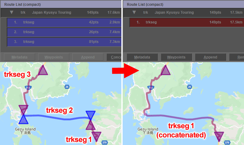 Example of selecting and connecting multiple routes on Google Maps