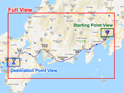 Tres vistas que muestran la ruta de Google Maps
