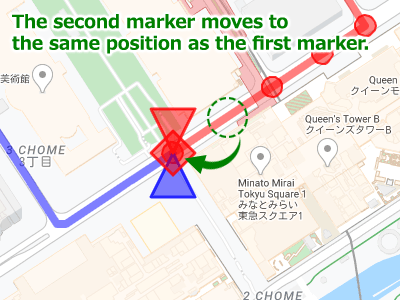 Um waypoint (marcador) exibido no Google Maps é movido para as mesmas coordenadas que outro waypoint (marcador)