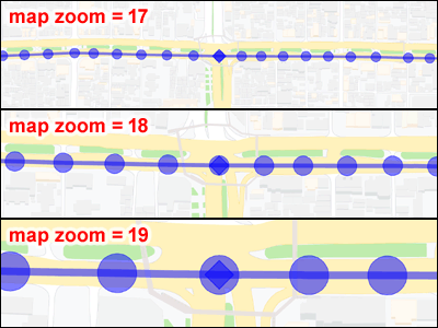 Relación entre el tamaño (radio) del marcador de waypoint que se muestra en Google Maps y el valor de zoom del mapa