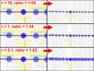 更改在Google地圖上顯示的航點標記的大小（半徑）和地圖的縮放比例時的示例