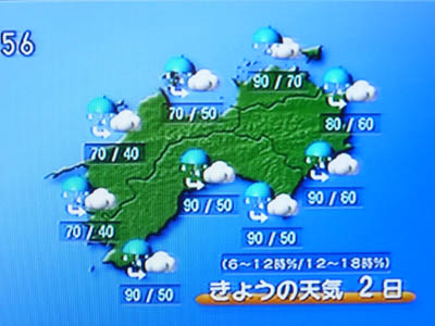 四国全域で雨が降る予報のテレビの天気予報画面