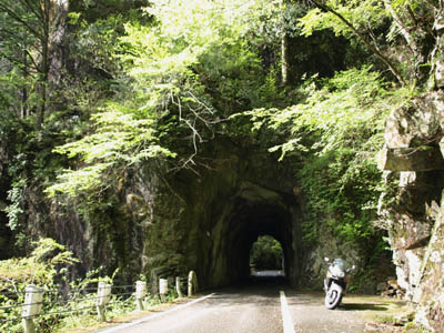 面河渓の渓谷の中にある細いトンネル
