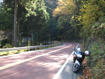 紅葉ツーリングで秋川渓谷の都道33号線を走るバイク