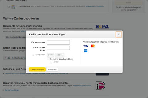 外国のAmazon（ドイツ）の決済画面（クレジットカード情報の入力）