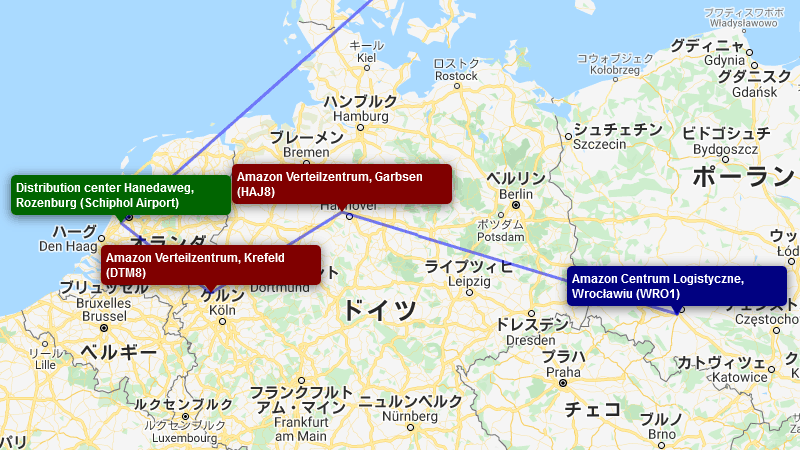 ドイツのAmazonで購入した商品の欧州での輸送ルートを表示した地図