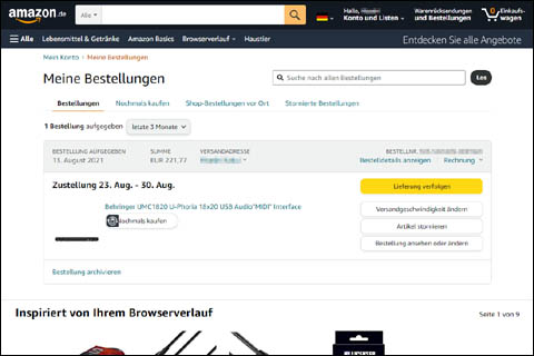 外国のAmazon（ドイツ）の注文履歴の確認画面