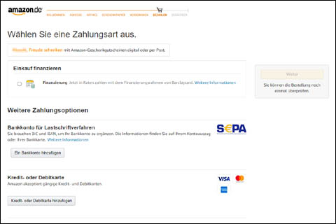 外国のAmazon（ドイツ）の決済画面（支払方法の選択）