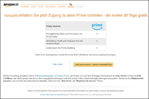 ドイツのAmazonのAmazon Prime勧誘画面