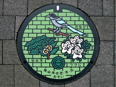 狭山市の花・木・鳥である、おなが、茶の木、つつじが描かれたデザインマンホール（カラーマンホール）