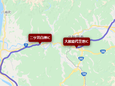 秋田自動車道の未開通区間（二ツ井白神IC～大館能代空港IC）の地図