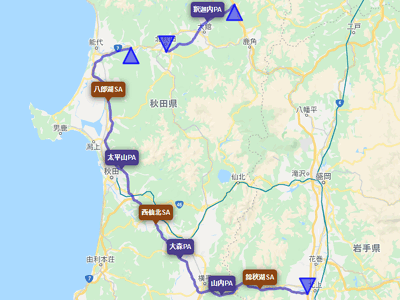 秋田自動車道のサービスエリアとパーキングエリアの地図