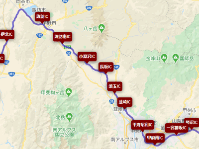 中央自動車道の地図（ルートマップ）甲州・信州ツーリング均一料金区間と首都高４号新宿線中央自動車道 vs 国道20号線東富士五湖道路（中央自動車道富士吉田線）サービスエリア夜間走行残雪