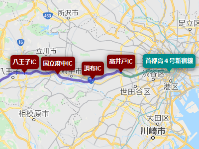 中央自動車道の均一料金区間と首都高４号新宿線の地図