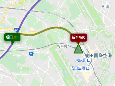 東関東自動車道から新空港自動車道経由で成田空港へ向かうルートマップ