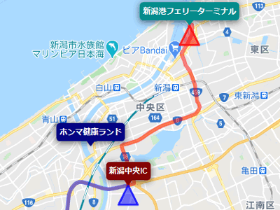 北陸自動車道の新潟中央インターチェンジから新潟港フェリーターミナルまでのルートマップととホンマ健康ランドの地図