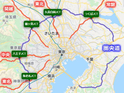 圏央道（首都圏中央連絡自動車道）に接続している東名高速、中央道、関越道、東北道、常磐道の計５ヶ所のジャンクションのマップ