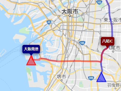 近畿自動車道の八尾ICから下道で大阪南港へ行くルートの地図