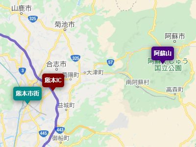 九州自動車道の熊本ICと熊本市街、阿蘇山の位置関係を示した地図