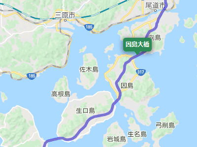 西瀬戸自動車道（瀬戸内しまなみ海道）の因島大橋（向島～因島）の地図