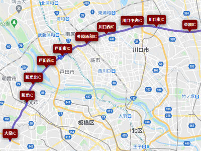 東京外環自動車道のインターチェンジの地図