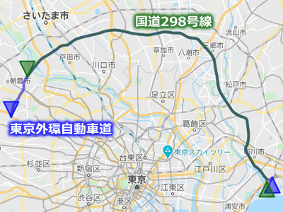 東京外環自動車道と並走している国道298号線の地図（ルートマップ）