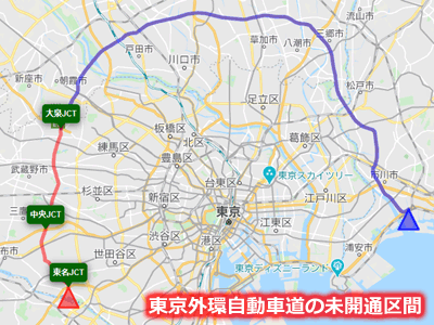 東京外環自動車道の未開通区間で東京外かく環状道路が建設中のルート