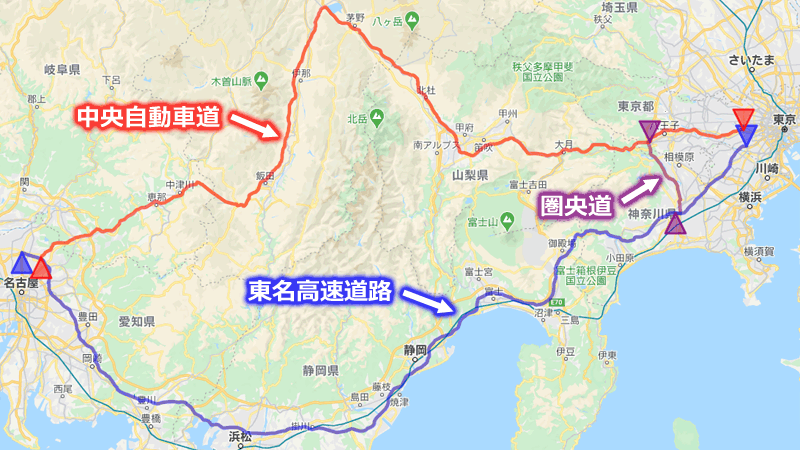東名高速道路と中央自動車道の地図（ルートマップ）