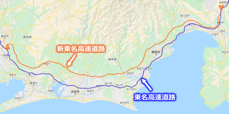 東名高速道路と新東名高速道路の地図（ルートマップ）