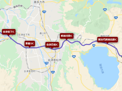 会津若松近辺の磐越自動車道の地図