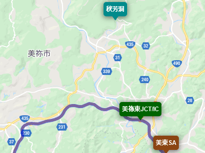 中国自動車道の美祢東インターチェンジと秋吉台（秋芳洞）の地図