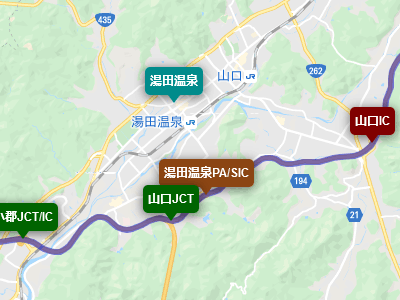 中国自動車道と山口インターチェンジと湯田温泉の地図