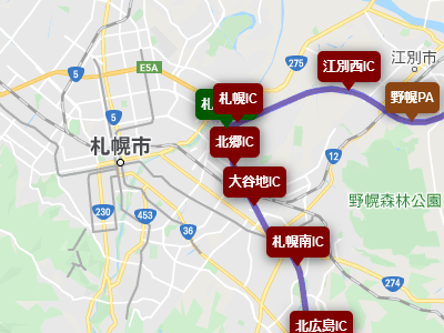 道央自動車道の札幌市街地付近の地図