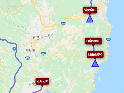東九州自動車道の未開通区間である清武南IC～日南北郷ICと日南東郷IC～志布志ICの地図